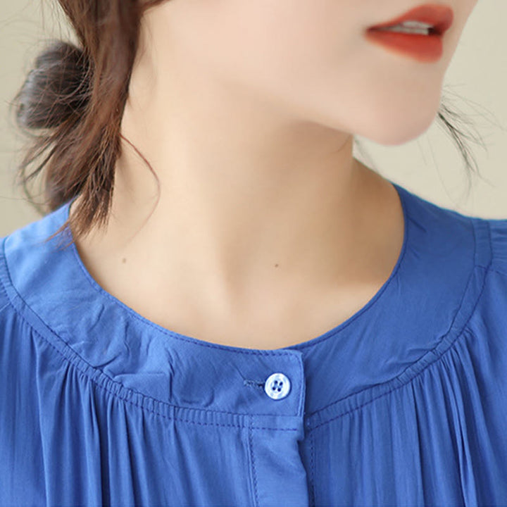 Buddha Stones Casual Plain Crew Neck Pleated Polyester Midi Dress With Pockets - image 18