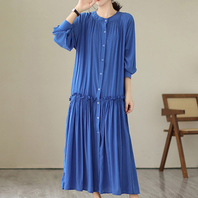 Buddha Stones Casual Plain Crew Neck Pleated Polyester Midi Dress With Pockets - image 15
