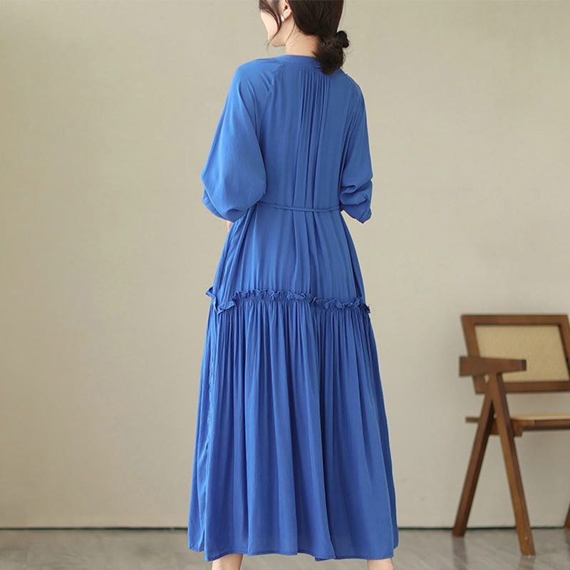 Buddha Stones Casual Plain Crew Neck Pleated Polyester Midi Dress With Pockets - image 14