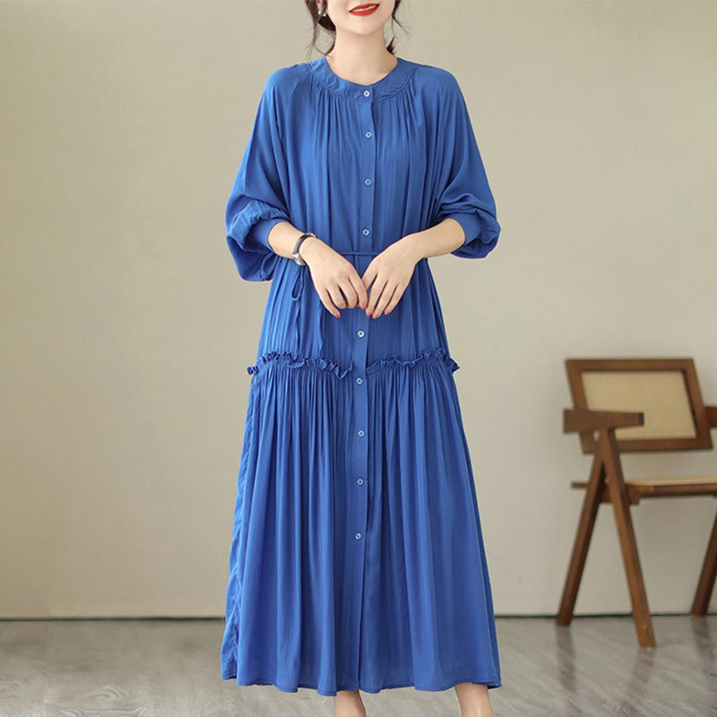 Buddha Stones Casual Plain Crew Neck Pleated Polyester Midi Dress With Pockets - RoyalBlue - US4-6，UK/AU8-10，EU36-38 (F) - image 10