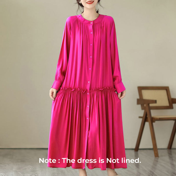 Buddha Stones Casual Plain Crew Neck Pleated Polyester Midi Dress With Pockets - image 9