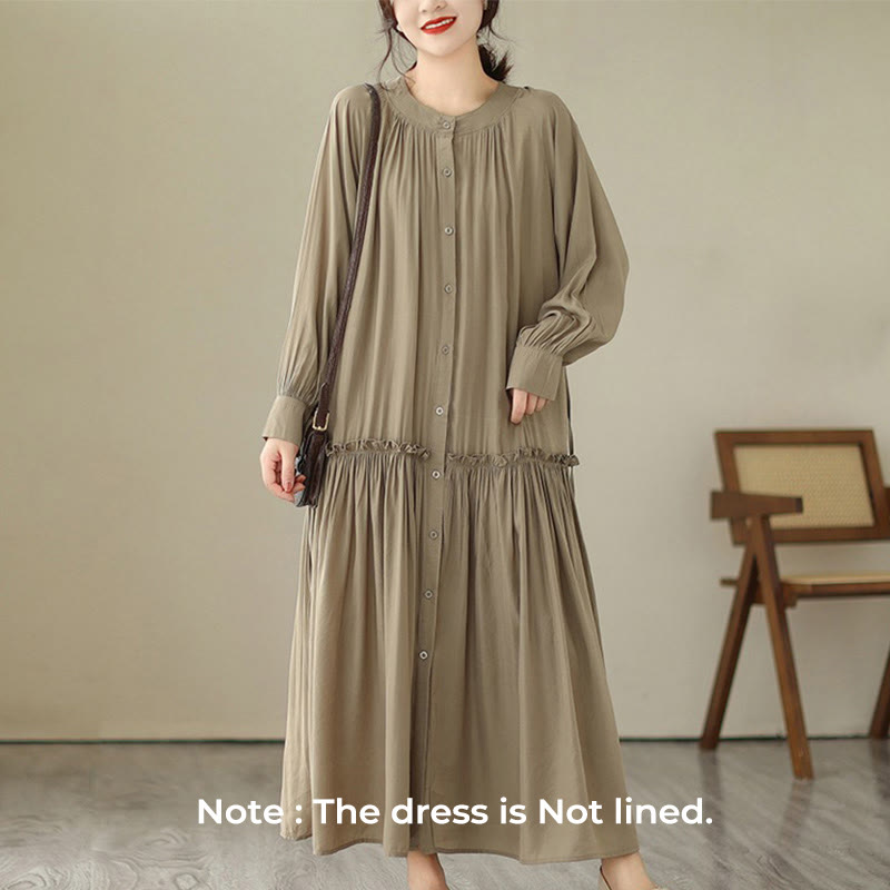 Buddha Stones Casual Plain Crew Neck Pleated Polyester Midi Dress With Pockets - image 1