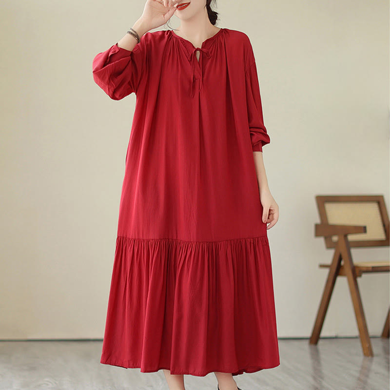 Buddha Stones Casual Plain Two-sided Style Dress Chiffon Midi Dress With Pockets - FireBrick - US4-6，UK/AU8-10，EU36-38 (F) - image 5