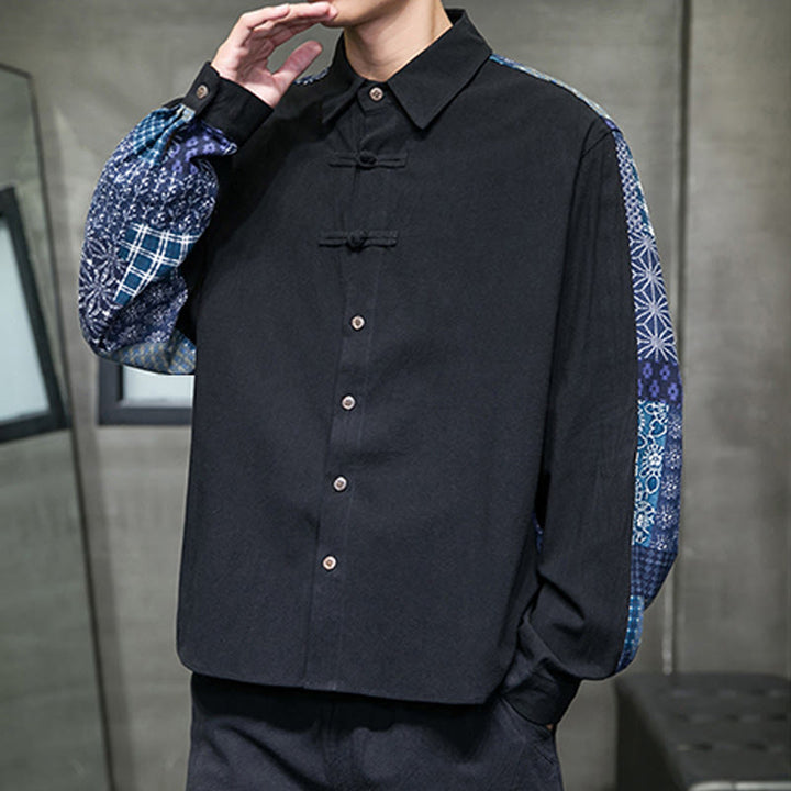 Buddha Stones Men's Flower Pattern Stitching Cotton Blend Long Sleeve Shirt - image 1