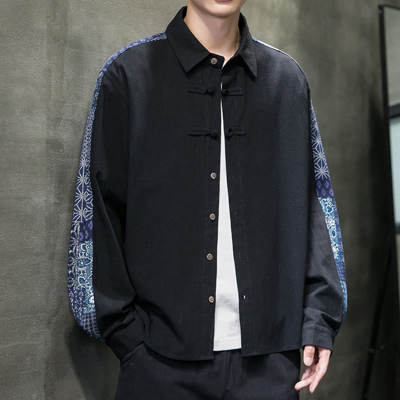 Buddha Stones Men's Flower Pattern Stitching Cotton Blend Long Sleeve Shirt - image 6