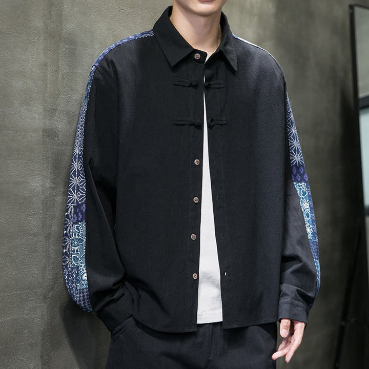 Buddha Stones Men's Flower Pattern Stitching Cotton Blend Long Sleeve Shirt - image 6