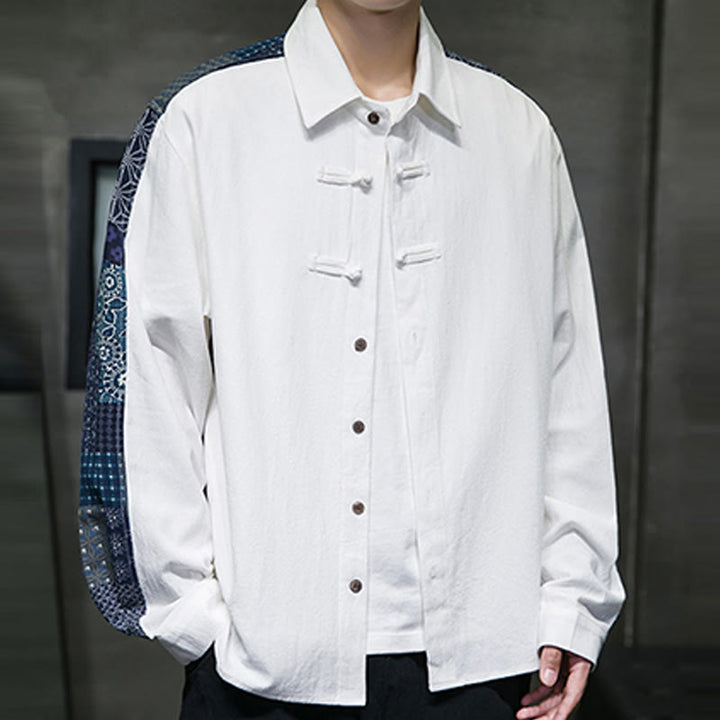 Buddha Stones Men's Flower Pattern Stitching Cotton Blend Long Sleeve Shirt - image 13