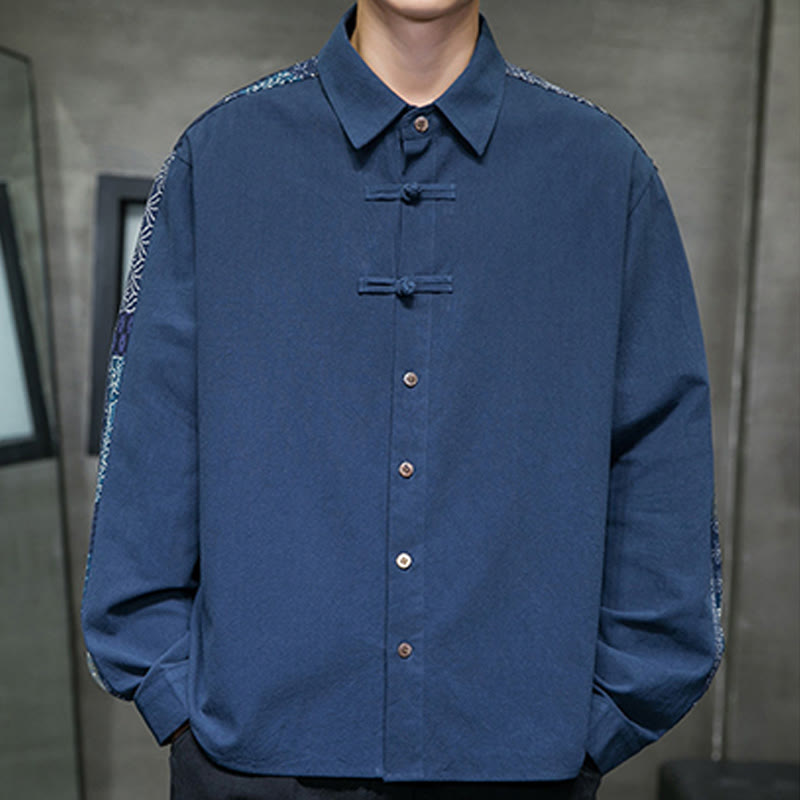 Buddha Stones Men's Flower Pattern Stitching Cotton Blend Long Sleeve Shirt - image 17