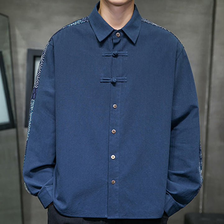 Buddha Stones Men's Flower Pattern Stitching Cotton Blend Long Sleeve Shirt - image 17