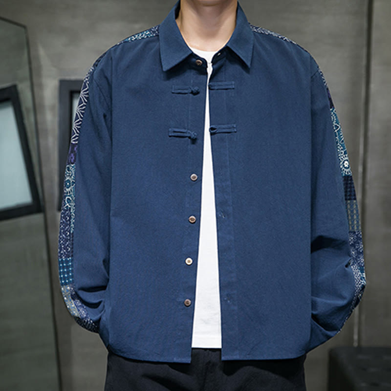 Buddha Stones Men's Flower Pattern Stitching Cotton Blend Long Sleeve Shirt - SteelBlue - US/UK/AU50，EU60 (5XL) - image 16