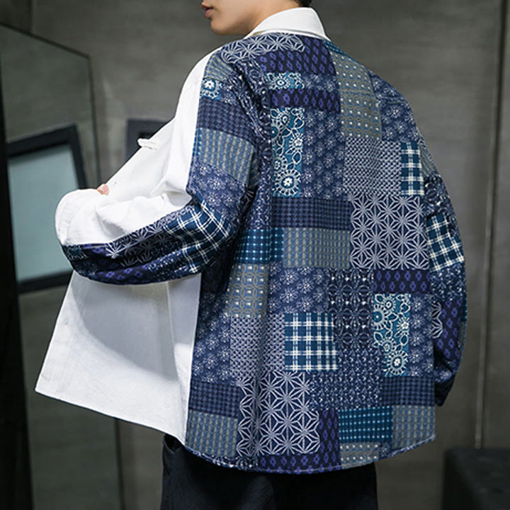 Buddha Stones Men's Flower Pattern Stitching Cotton Blend Long Sleeve Shirt - image 10