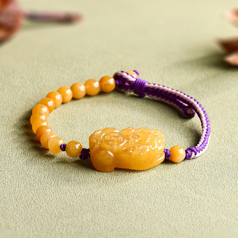 Buddha Stones Golden Silk Jade Beads PiXiu Wealth Bracelet - Golden Silk Jade(Wrist Circumference: 14-18cm) - image 0