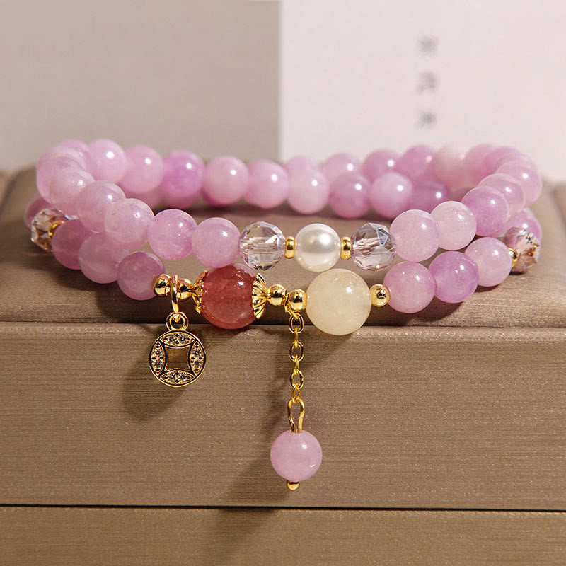 Buddha Stones Tourmaline Purple Jade Aquamarine Jade Copper Coin Positive Double Wrap Bracelet - Purple Jade(Wrist Circumference: 14-15cm) - image 4