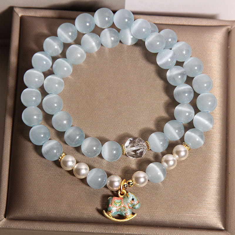 Buddha Stones Blue Cat Eye Trojan Horse Charm Support Double Wrap Bracelet - image 1