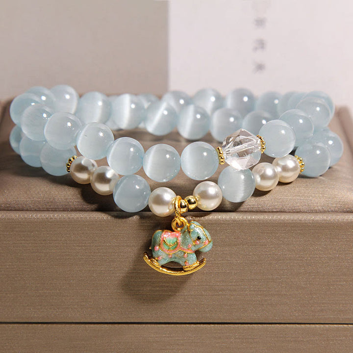 Buddha Stones Blue Cat Eye Trojan Horse Charm Support Double Wrap Bracelet - Cat's Eye(Wrist Circumference 14-15cm) - image 0