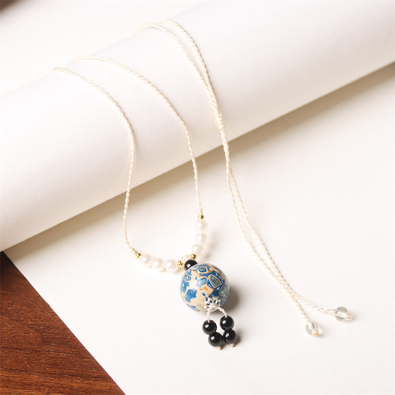 Buddha Stones Ebony Wood Aurora Lacquer Craft Bead Pearl Balance Necklace Pendant - Blue White Charm(Random Blue White) - image 10