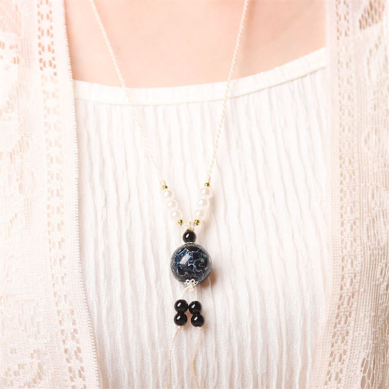 Buddha Stones Ebony Wood Aurora Lacquer Craft Bead Pearl Balance Necklace Pendant - image 5