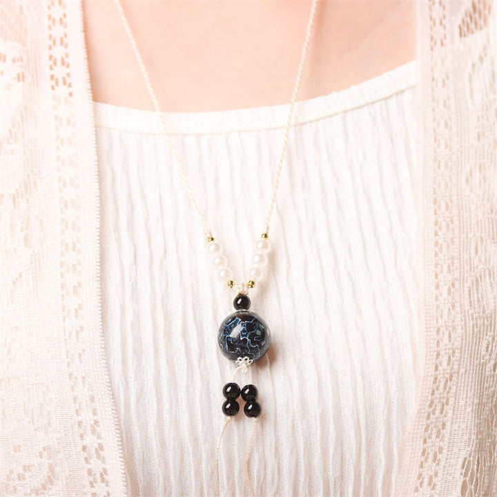 Buddha Stones Ebony Wood Aurora Lacquer Craft Bead Pearl Balance Necklace Pendant - image 5