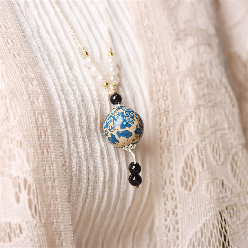 Buddha Stones Ebony Wood Aurora Lacquer Craft Bead Pearl Balance Necklace Pendant - image 11