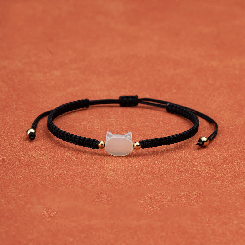 Buddha Stones Faceless Cat Head Red String Shell Connection Bracelet - White Cat Black String - image 4