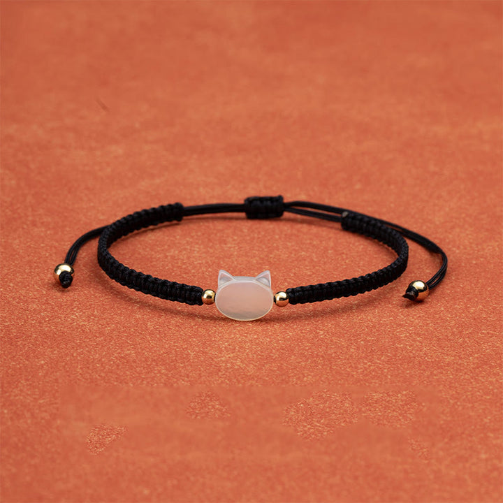 Buddha Stones Faceless Cat Head Red String Shell Connection Bracelet - White Cat Black String - image 4