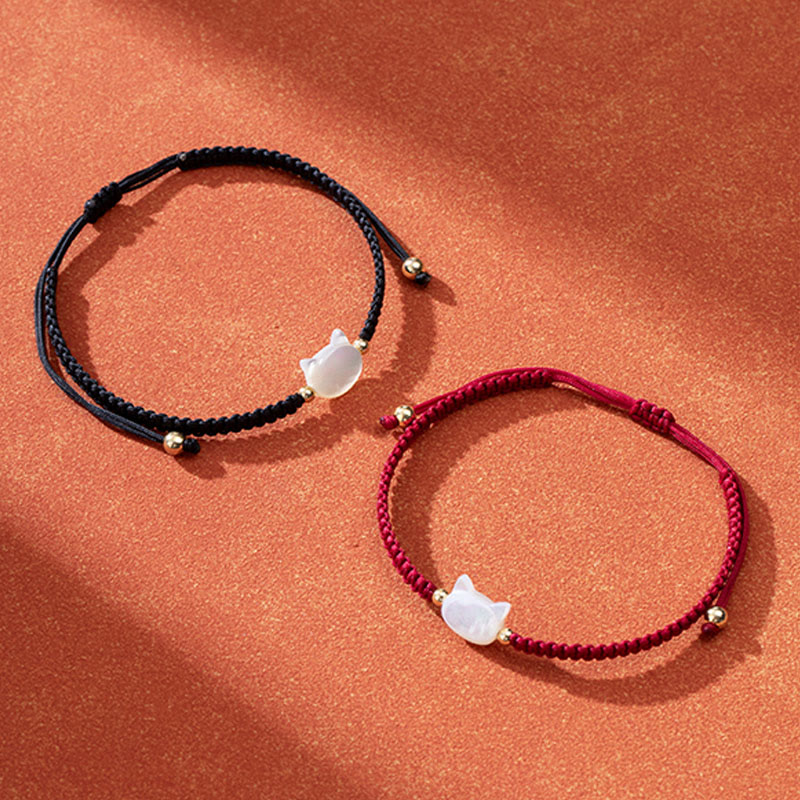 Buddha Stones Faceless Cat Head Red String Shell Connection Bracelet - image 7