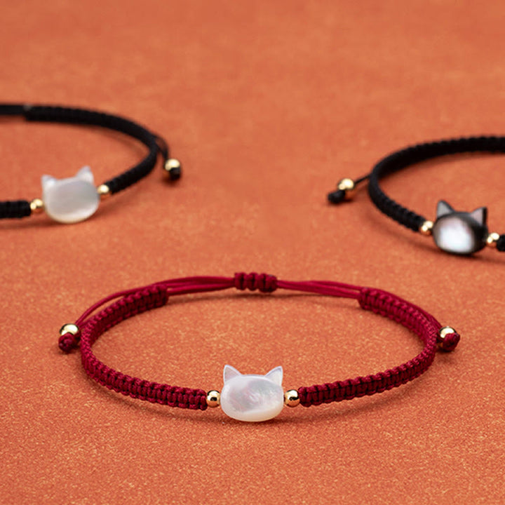 Buddha Stones Faceless Cat Head Red String Shell Connection Bracelet - Black Cat Black String - image 0