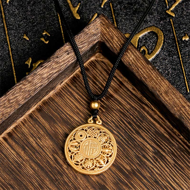 Buddha Stones Copper Eight Treasure Compass Fu Character Fortune Rope Necklace Pendant - image 3