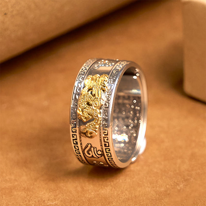 Buddha Stones Dragon Pattern Heart Sutra Copper Strength Ring - Great Wall Pattern Edge(Adjustable) - image 0