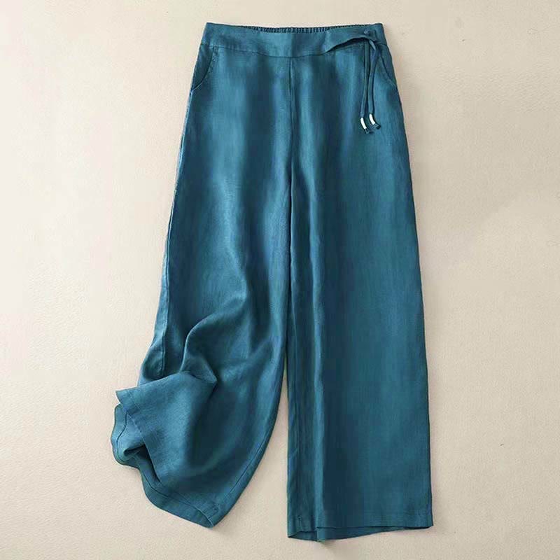 Buddha Stones Casual Solid Color One Button Women's Capri Wide Leg Pants With Pockets - Teal - US12，UK/AU16，EU44 (3XL) - image 22