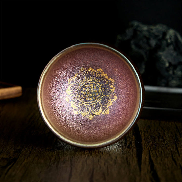 Buddha Stones Handmade Chinese Jianzhan Golden Lotus Flower Ceramic Teacup Kung Fu Tea Cup 150ml - 9cm*150ml - image 0