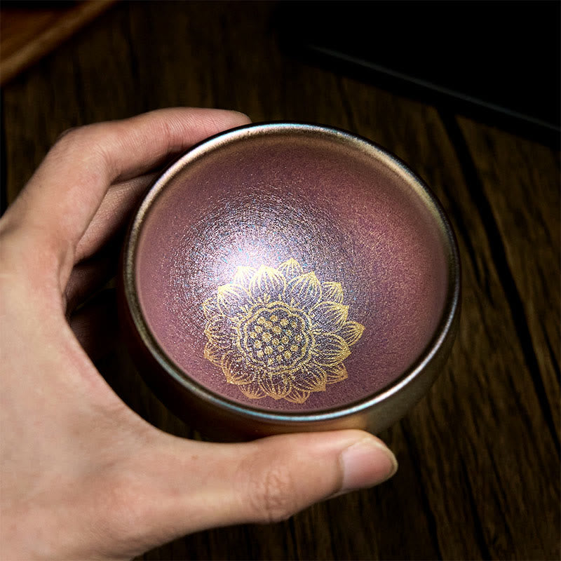 Buddha Stones Handmade Chinese Jianzhan Golden Lotus Flower Ceramic Teacup Kung Fu Tea Cup 150ml - image 3