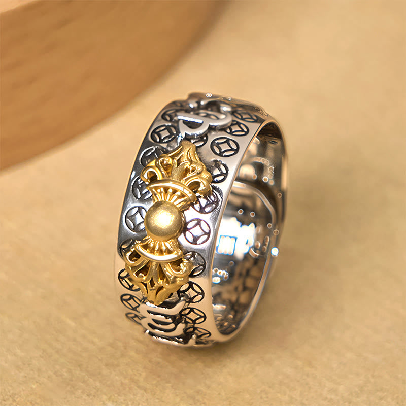 Buddha Stones Vintage Om Mani Padme Hum Vajra Copper Plated Silver Balance Ring - image 1