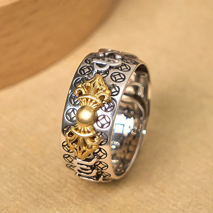 Buddha Stones Vintage Om Mani Padme Hum Vajra Copper Plated Silver Balance Ring - image 1