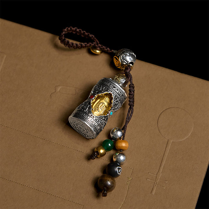 Buddha Stones Om Mani Padme Hum Ghau Prayer Box Copper Plated Silver Luck Key Chain - image 2