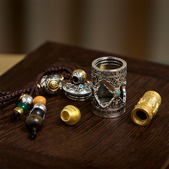 Buddha Stones Om Mani Padme Hum Ghau Prayer Box Copper Plated Silver Luck Key Chain - image 7