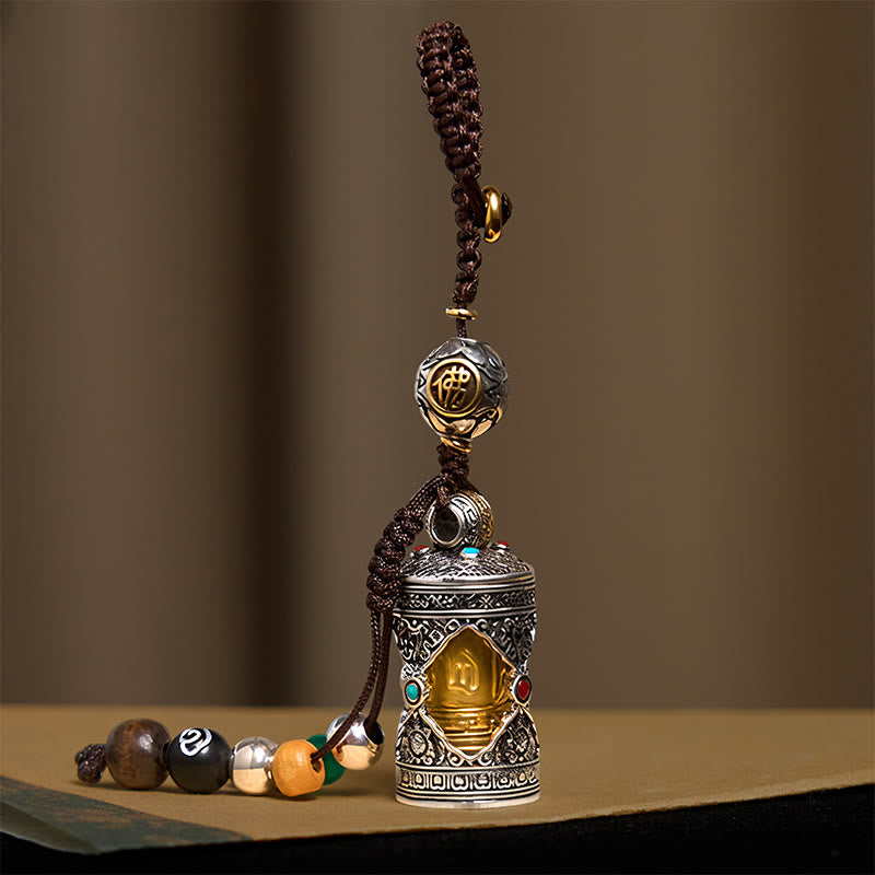 Buddha Stones Om Mani Padme Hum Ghau Prayer Box Copper Plated Silver Luck Key Chain - image 1