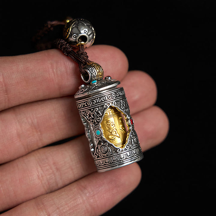 Buddha Stones Om Mani Padme Hum Ghau Prayer Box Copper Plated Silver Luck Key Chain - image 3