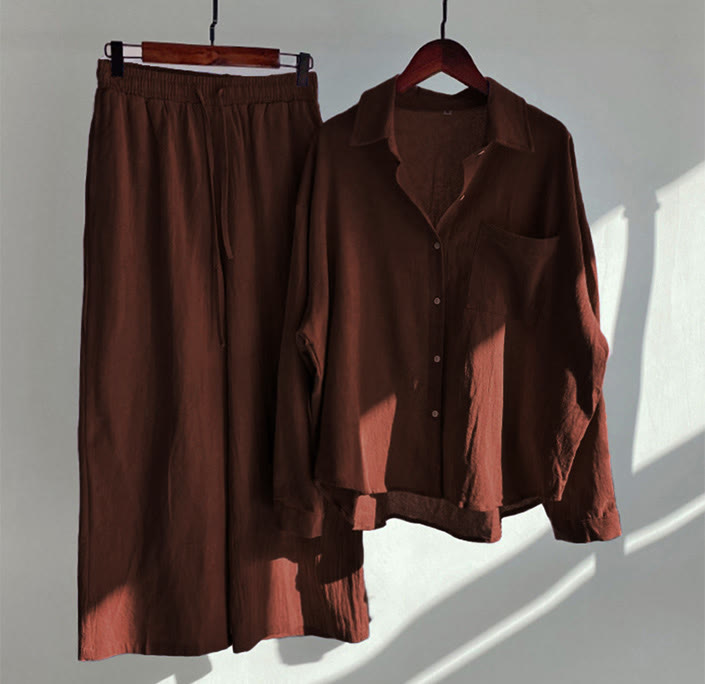Buddha Stones 2Pcs Long Sleeve Shirt Top With Pockets Drawstring Pants Meditation Cotton Clothing Women's Set - FireBrick - US18，UK/AU22，EU50 (5XL) - image 36