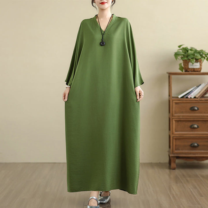 Buddha Stones Retro Casual Solid Color Long Sleeve Cotton Linen Maxi Dress With Pockets - image 2