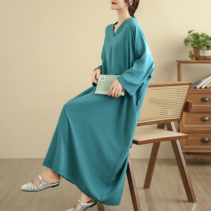 Buddha Stones Retro Casual Solid Color Long Sleeve Cotton Linen Maxi Dress With Pockets - image 19