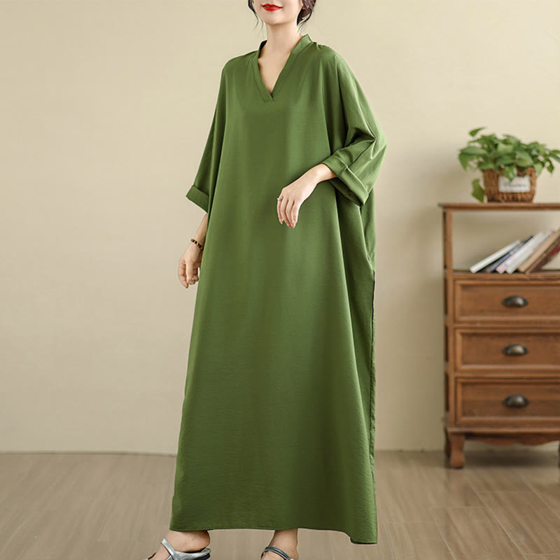 Buddha Stones Retro Casual Solid Color Long Sleeve Cotton Linen Maxi Dress With Pockets - image 5