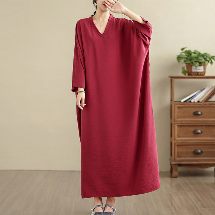 Buddha Stones Retro Casual Solid Color Long Sleeve Cotton Linen Maxi Dress With Pockets - Crimson - US4-12，UK/AU8-18，EU36-46(F) - image 30