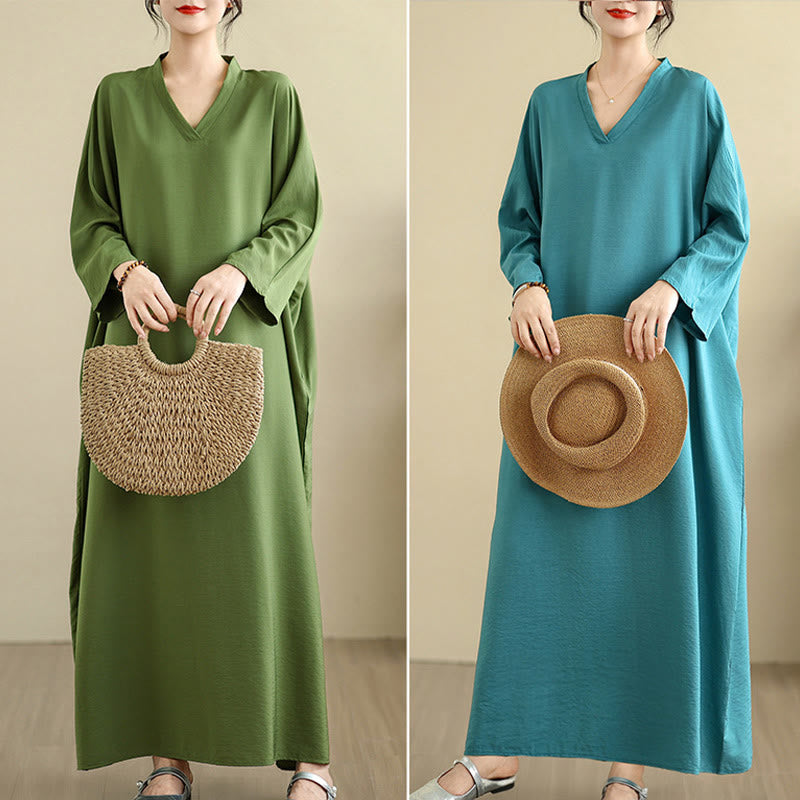 Buddha Stones Retro Casual Solid Color Long Sleeve Cotton Linen Maxi Dress With Pockets - image 36