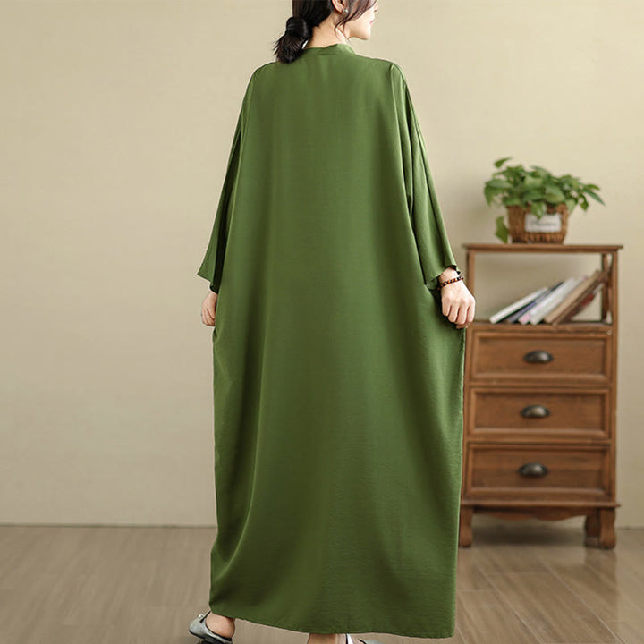 Buddha Stones Retro Casual Solid Color Long Sleeve Cotton Linen Maxi Dress With Pockets - image 3