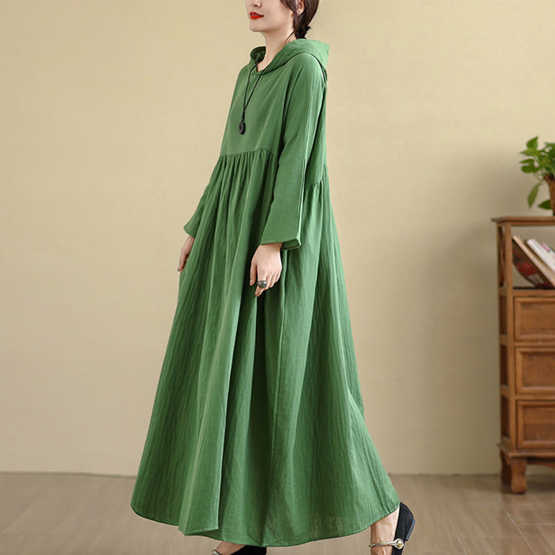 Buddha Stones Fall Hoodie Design Long Sleeve Cotton Linen Midi Dress With Pockets - image 23