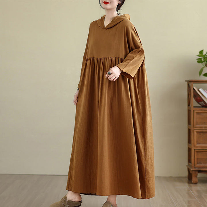Buddha Stones Fall Hoodie Design Long Sleeve Cotton Linen Midi Dress With Pockets - image 4