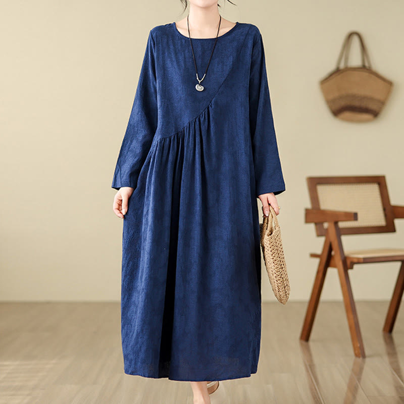 Buddha Stones Plain Jacquard Flower Irregular Long Sleeve Cotton Linen Midi Dress With Pockets - image 2
