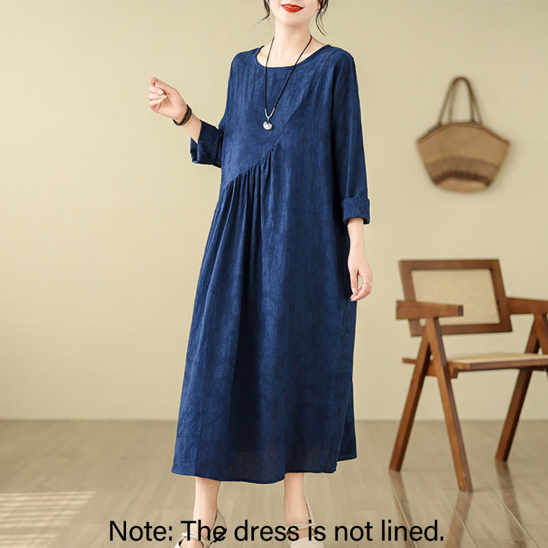 Buddha Stones Plain Jacquard Flower Irregular Long Sleeve Cotton Linen Midi Dress With Pockets - image 1