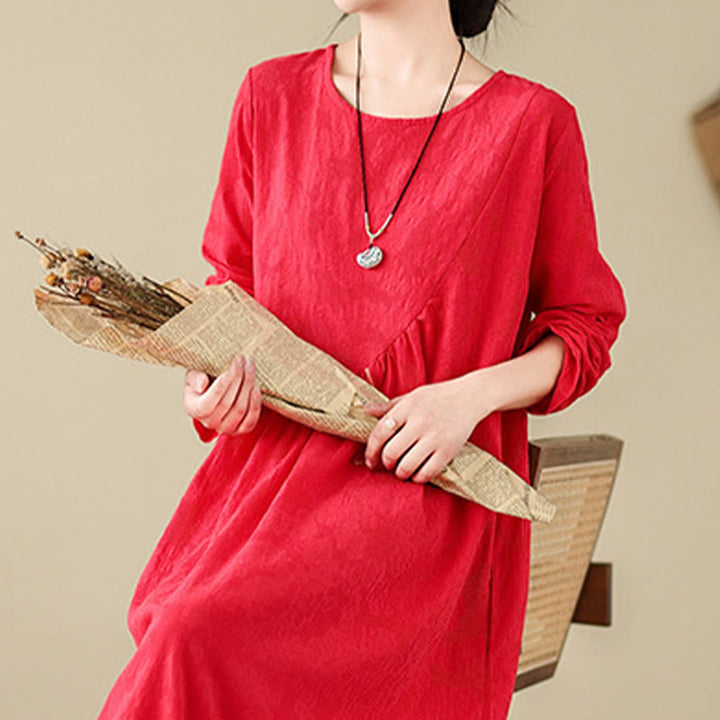 Buddha Stones Plain Jacquard Flower Irregular Long Sleeve Cotton Linen Midi Dress With Pockets - image 9